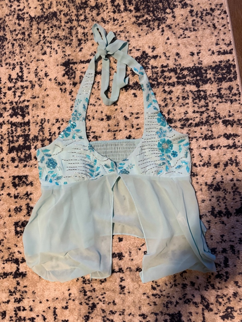 Light Blue Beaded Halter Babydoll Top